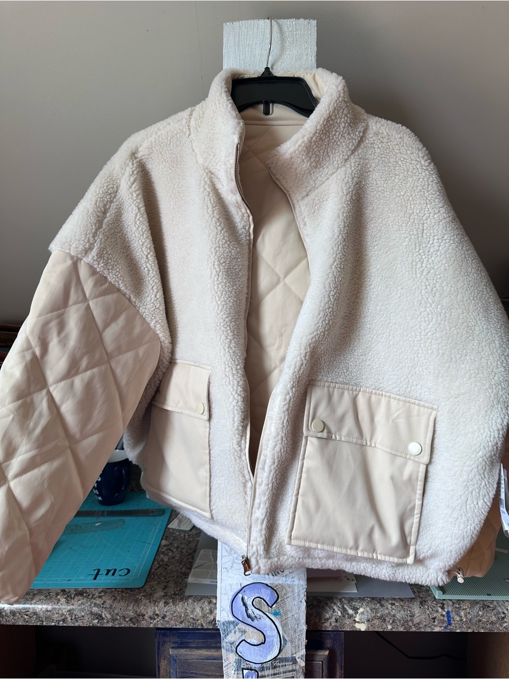 La Hearts Cream Sherpa & Quilted Pocket  Reversible Jacket